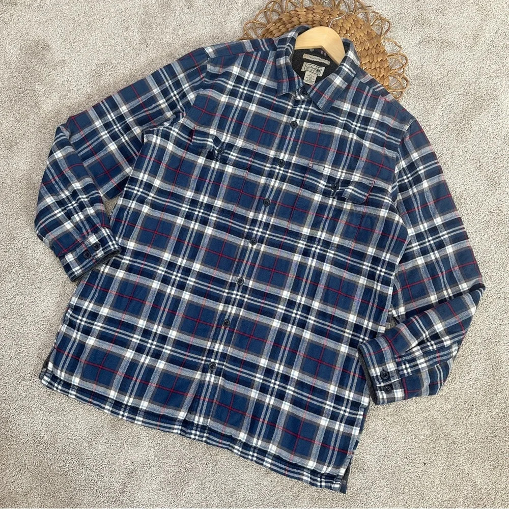 L.L. Bean Men’s Plaid Fleece-Lined Flannel Button Down Shirt Jacket Size L-Tall